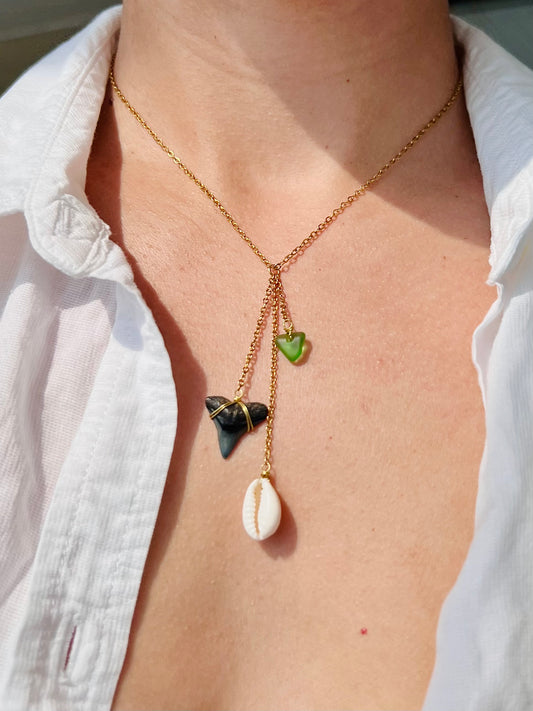 Beach Glass + Cowrie Shell Shark Tooth Necklace