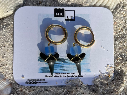 Square Sea Glass Shark Tooth Earrings