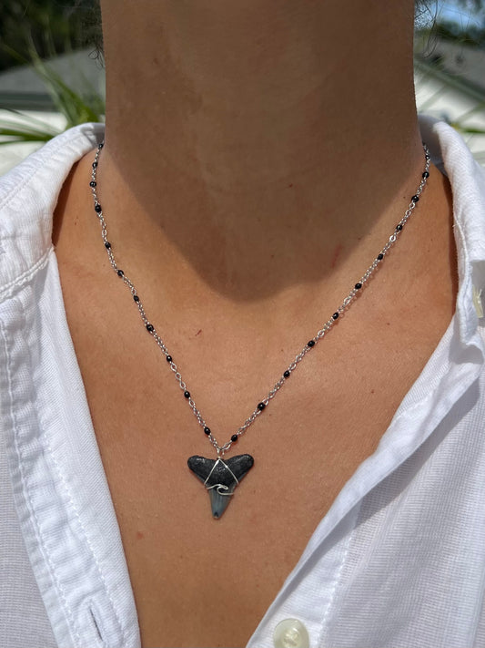 Silver Wave Shark Tooth Necklace - Black