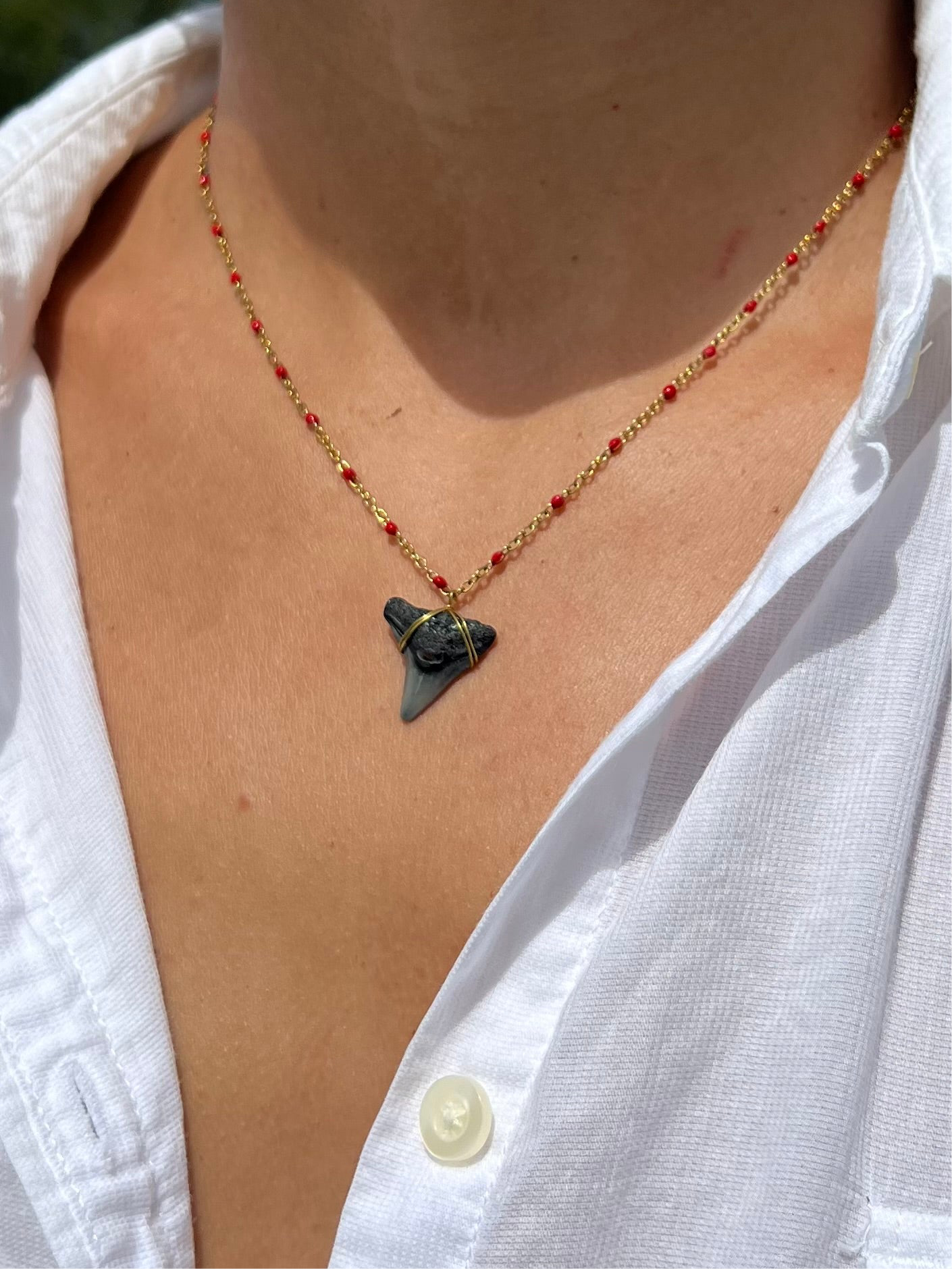 Gold Shark Tooth Necklace - Red