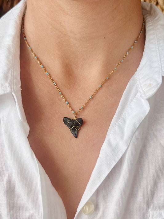 Wave Shark Tooth Necklace - Blue