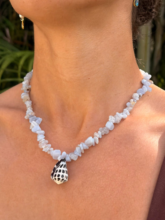 Blue Lace Agate + Hebrew Cone Shell Necklace