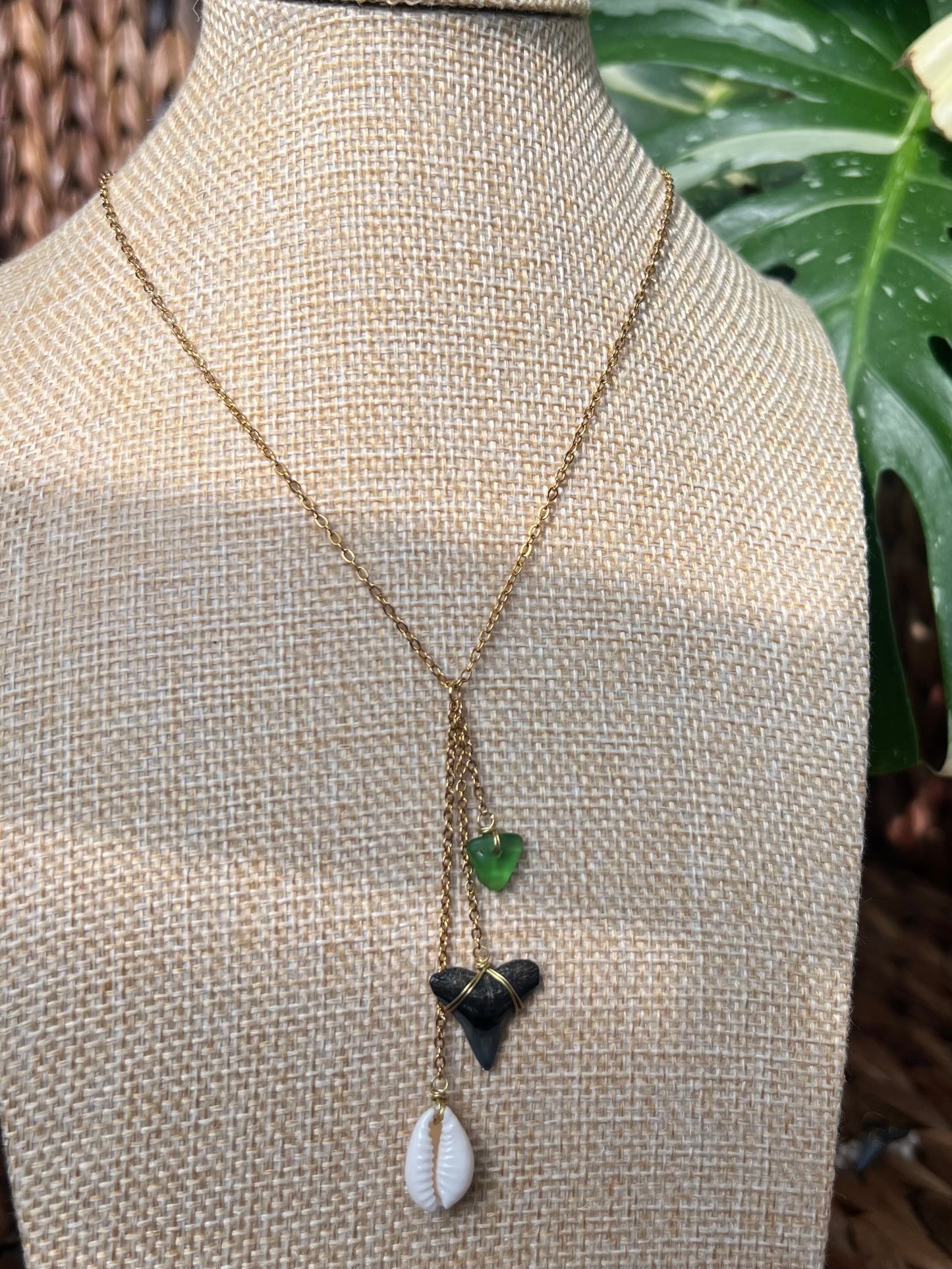 Beach Glass + Cowrie Shell Shark Tooth Necklace