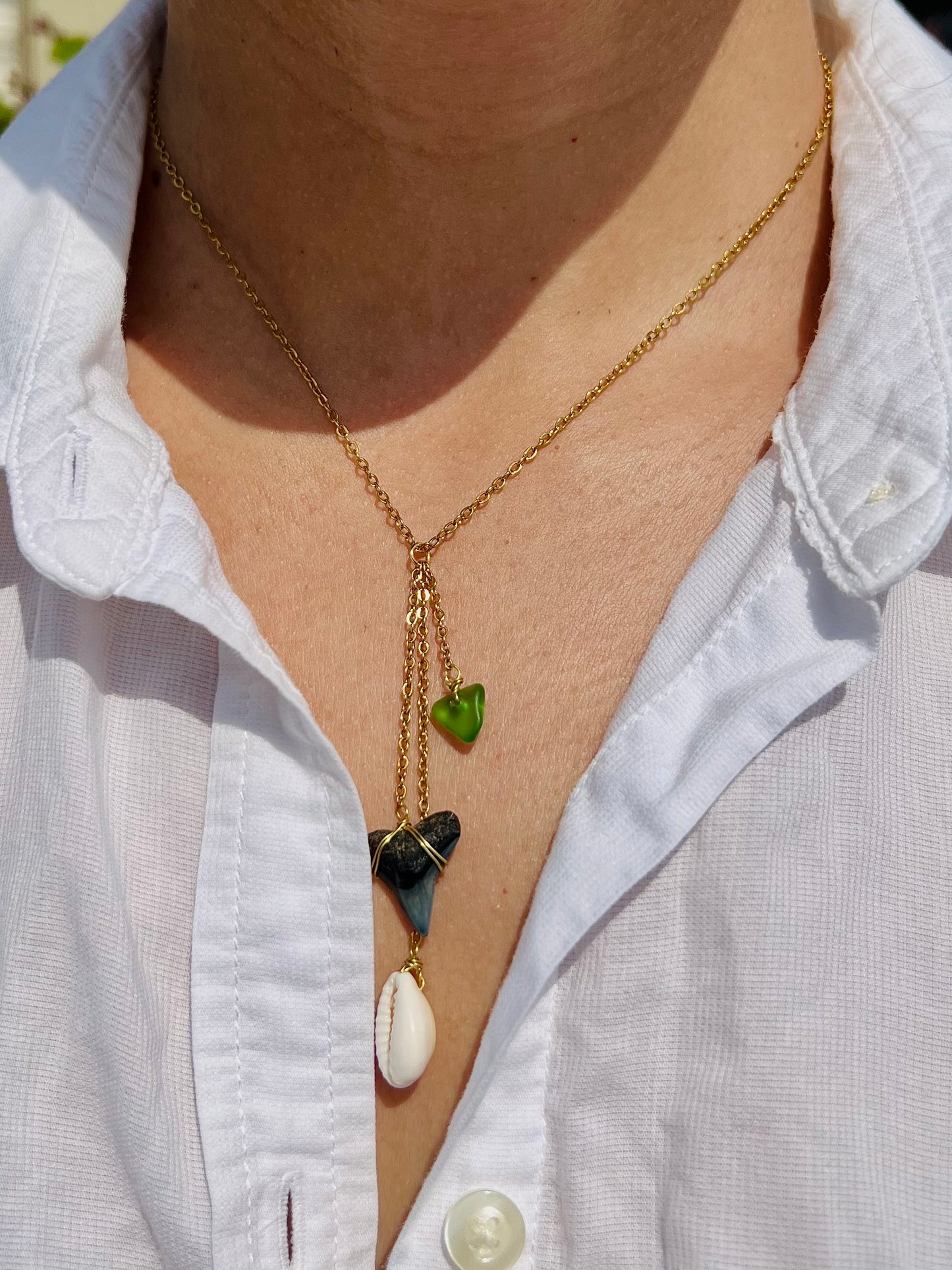Beach Glass + Cowrie Shell Shark Tooth Necklace