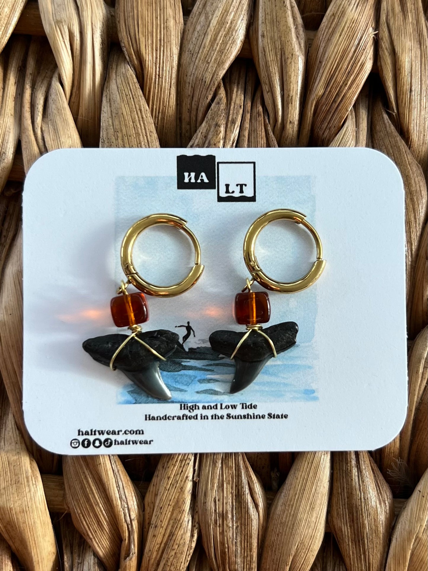 Square Sea Glass Shark Tooth Earrings
