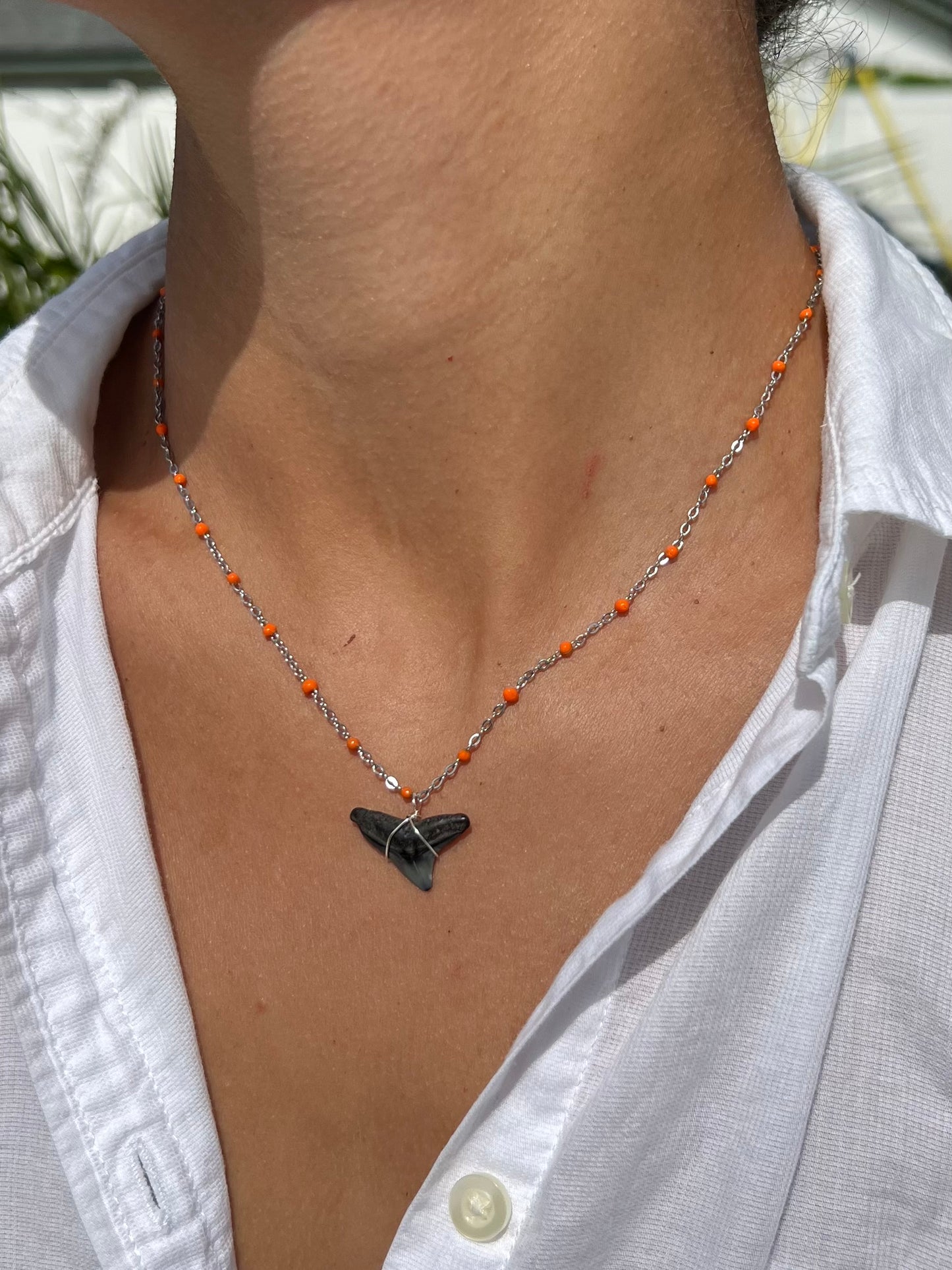 Silver Shark Tooth Necklace - Orange