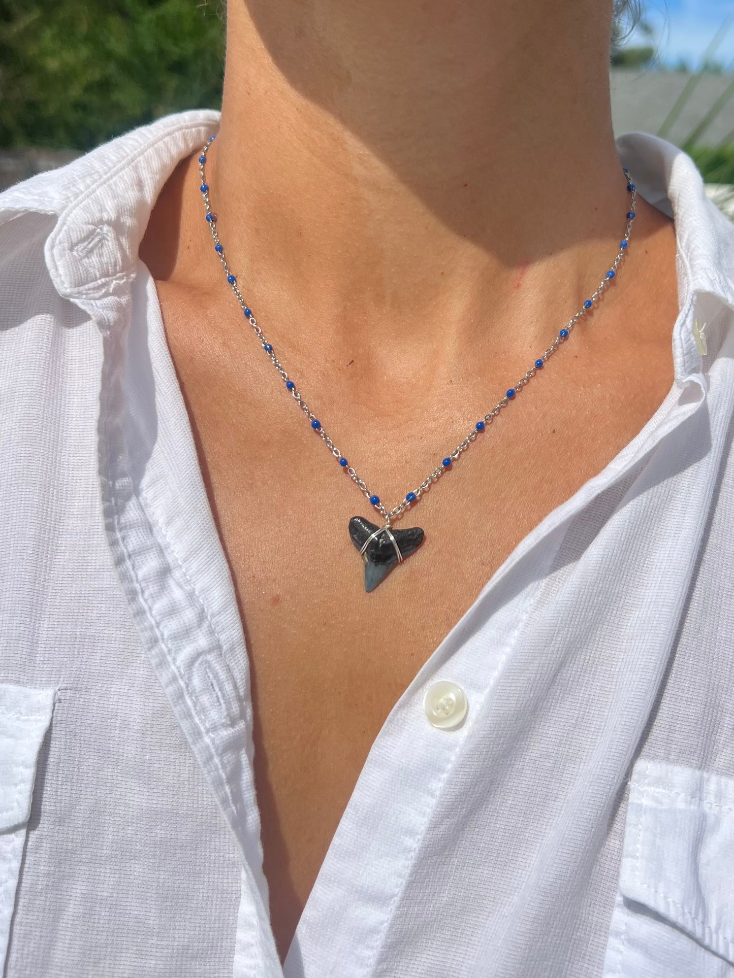 Silver Shark Tooth Necklace - Blue