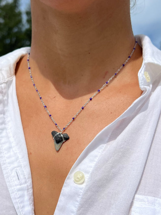 Silver Shark Tooth Necklace - Purple