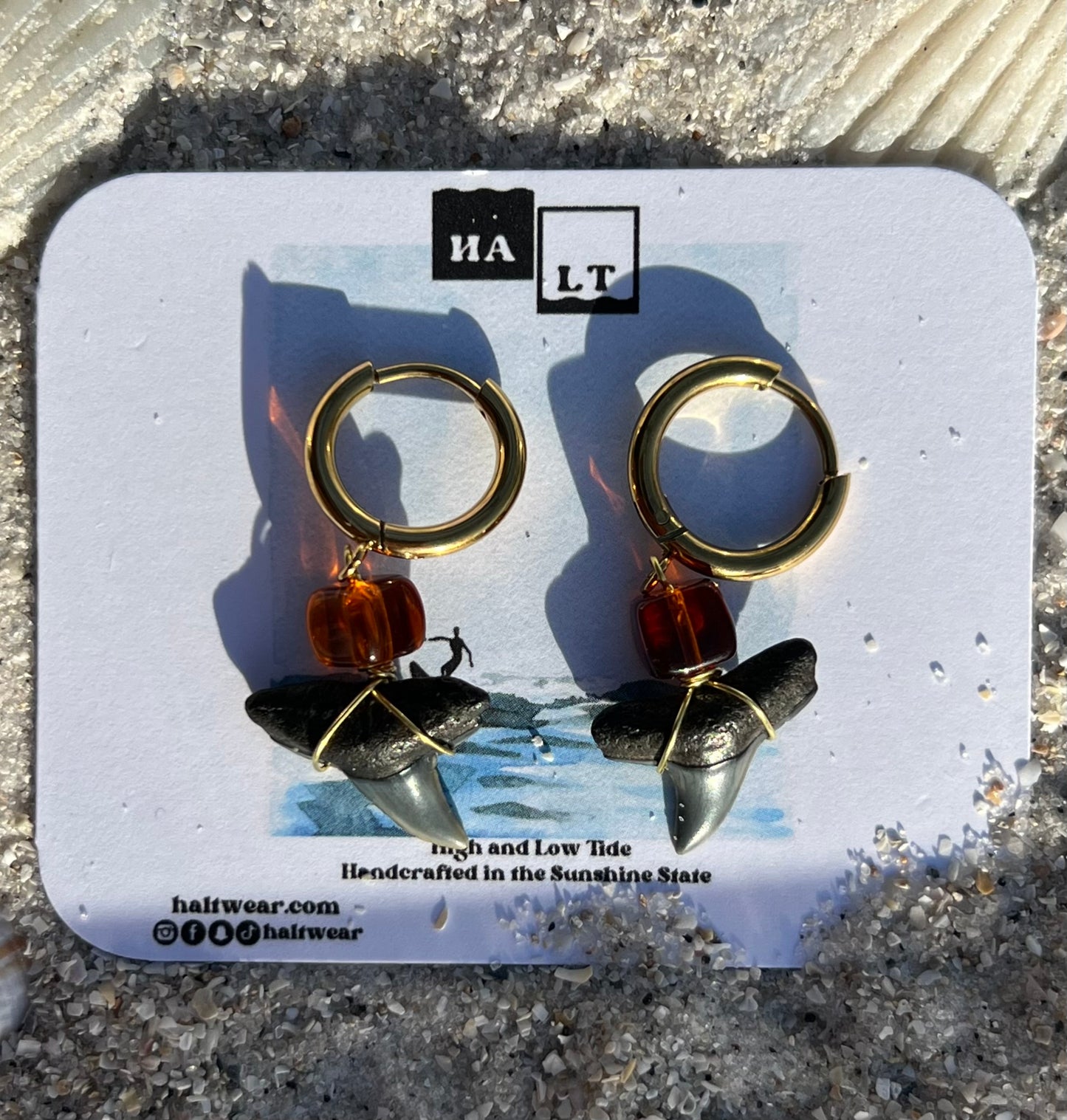 Square Sea Glass Shark Tooth Earrings