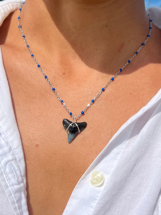 Silver Shark Tooth Necklace - Blue