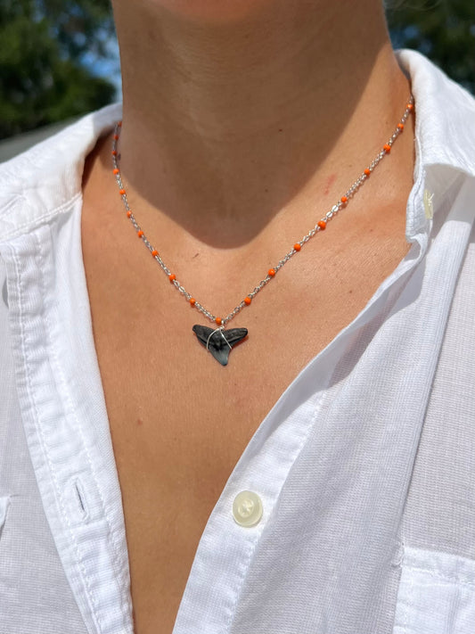 Silver Shark Tooth Necklace - Orange