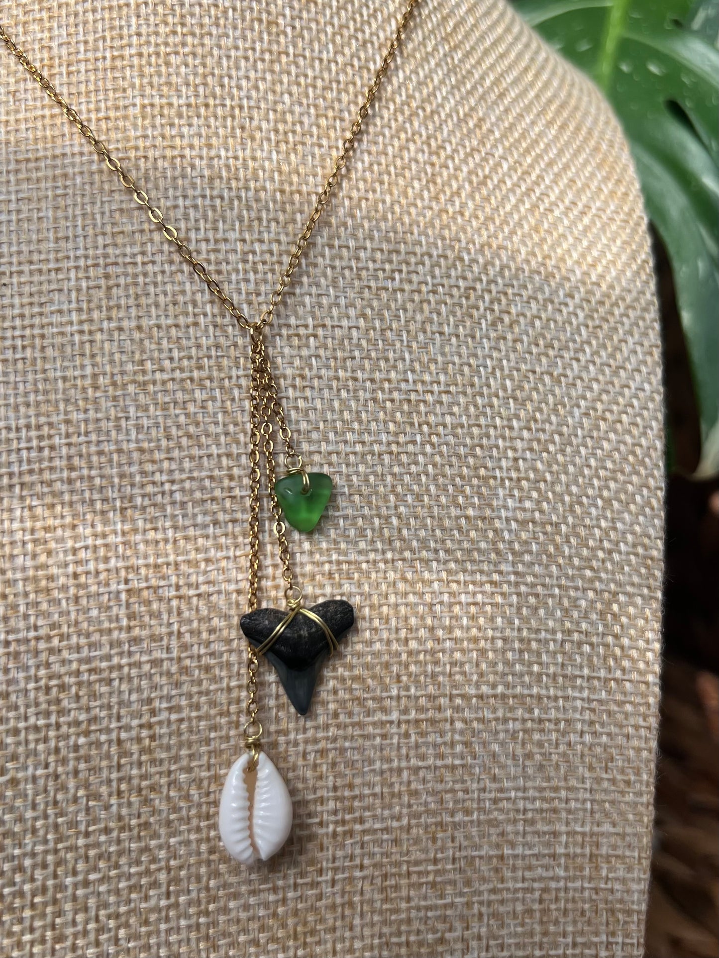 Beach Glass + Cowrie Shell Shark Tooth Necklace