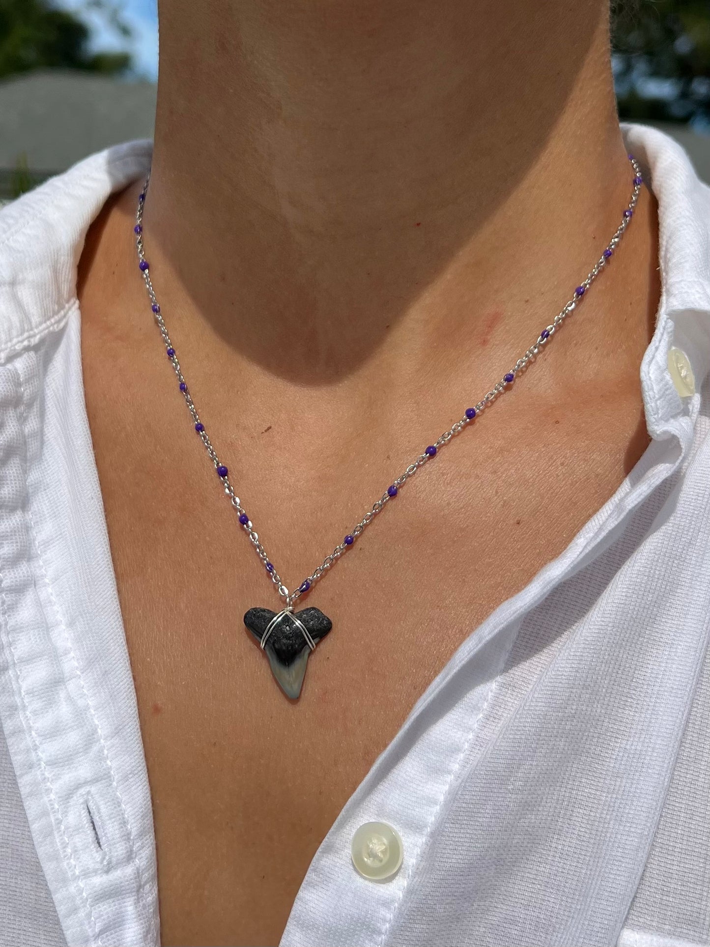 Silver Shark Tooth Necklace - Purple