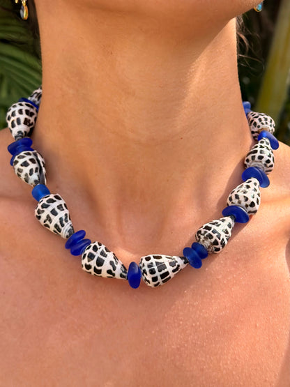 Blue Sea Glass + Hebrew Cone Shell Necklace