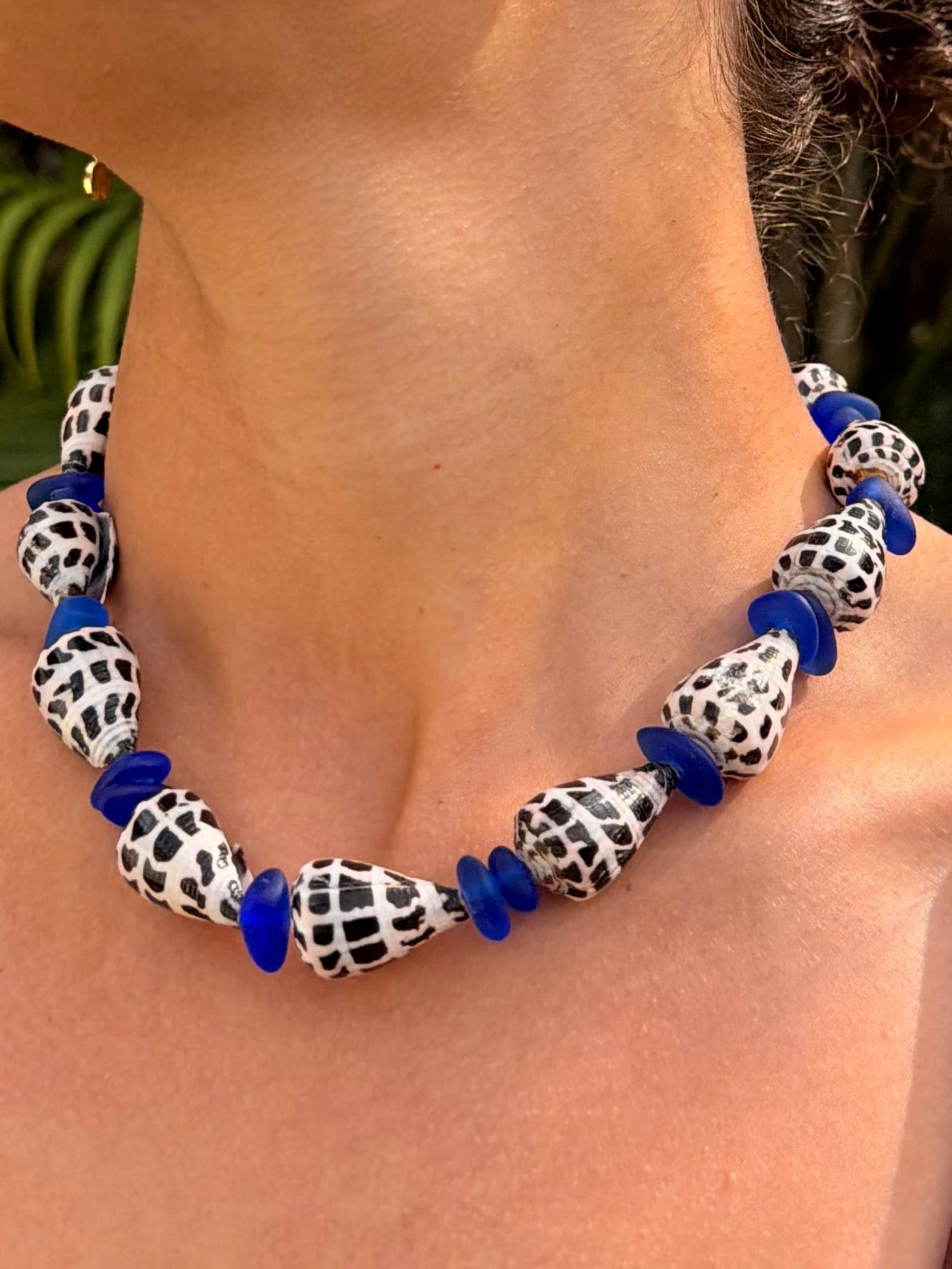 Blue Sea Glass + Hebrew Cone Shell Necklace