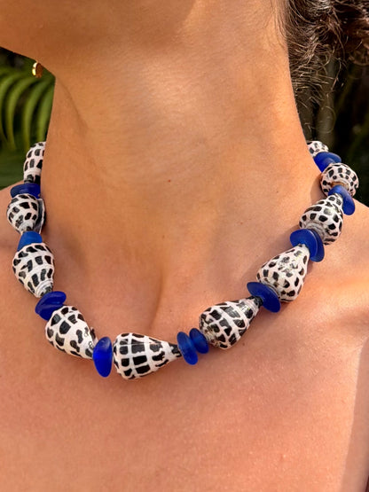 Blue Sea Glass + Hebrew Cone Shell Necklace