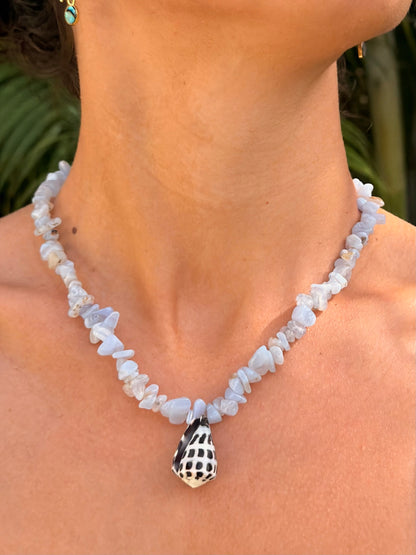 Blue Lace Agate + Hebrew Cone Shell Necklace