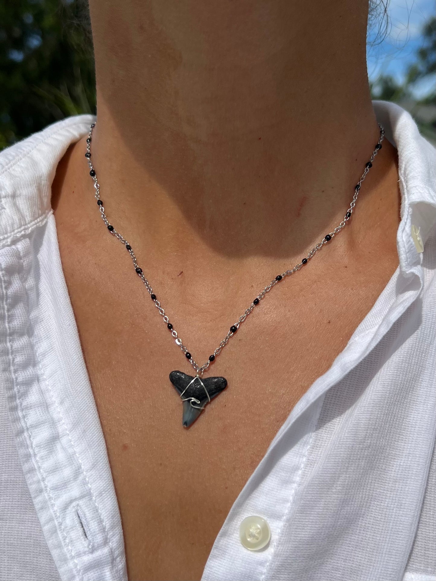 Silver Wave Shark Tooth Necklace - Black